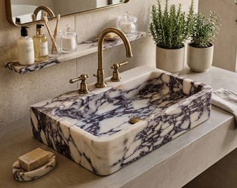 Calacatta Viola Marble Vessel Sink, Hand Carved Wall Mounted Natural Stone Basin