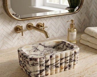 Calacatta Viola Wall Mounted Marble Sink, Hand Carved Ribbed Bathroom Vanity Sink