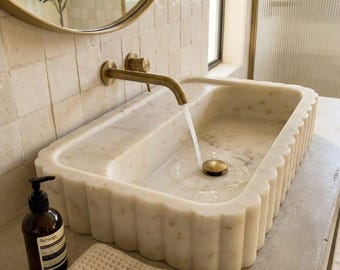 Carrara Marble Wall Mounted Sink, Hand Carved Grooved Stone Bathroom Basin