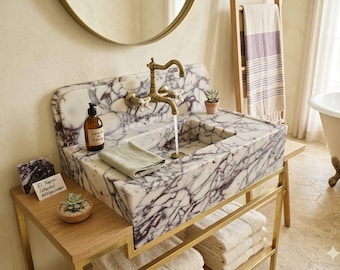 Lavabo de mármol Calacatta Viola con protector contra salpicaduras, lavabo de piedra tallado a mano para montaje en pared.