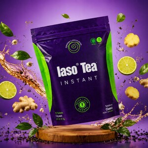 May include: A purple and green packet of "laso Tea Instant" with text and a logo. The image shows floating green leaves, lime slices, ginger, and biscuits against a purple backdrop. The packet rests on a wooden platform.