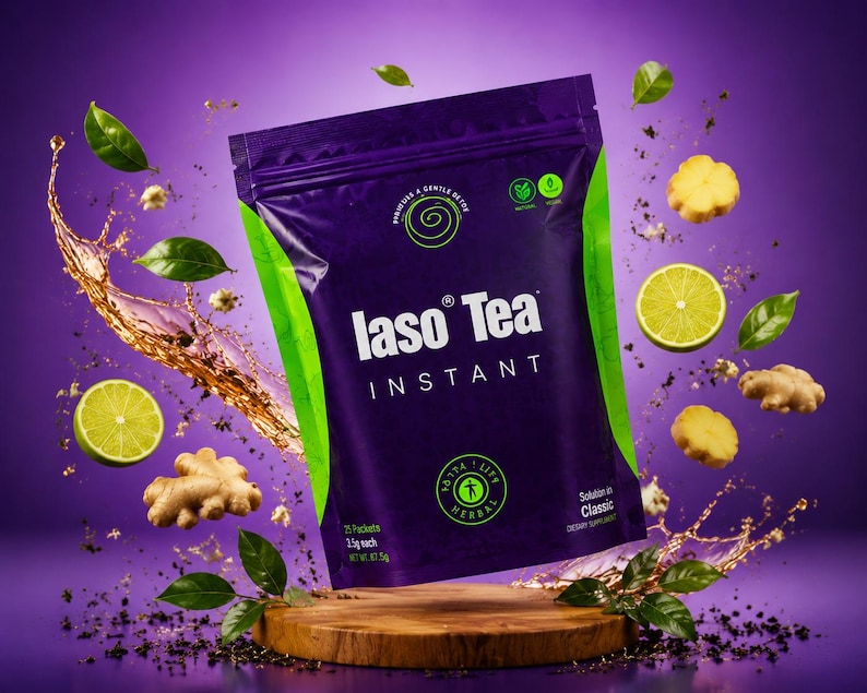 May include: A purple and green packet of "laso Tea Instant" with text and a logo. The image shows floating green leaves, lime slices, ginger, and biscuits against a purple backdrop. The packet rests on a wooden platform.