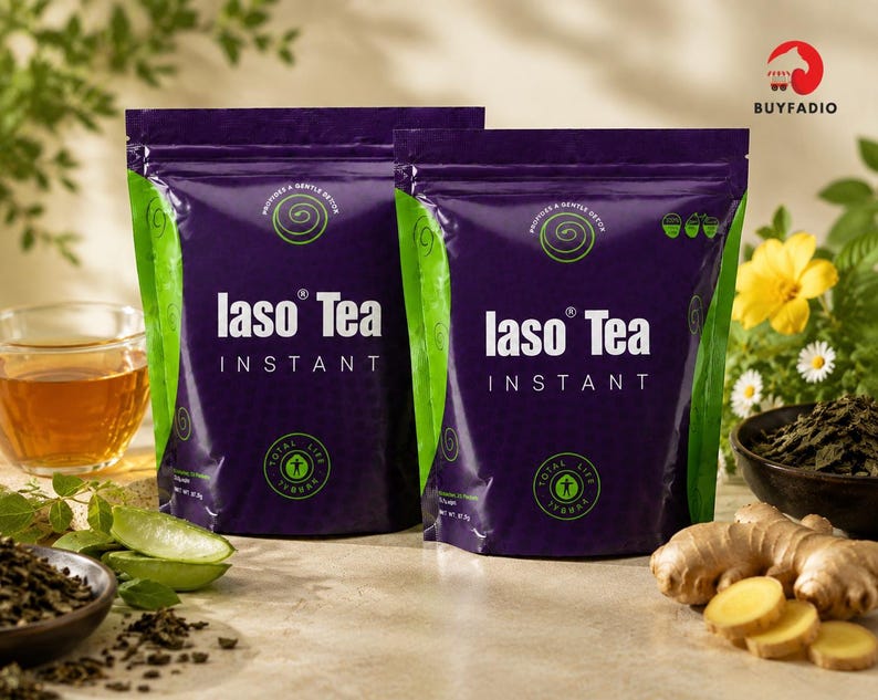 May include: Two purple Iaso Tea Instant pouches with green accents are shown, alongside a cup of tea and ingredients such as ginger and aloe vera. The packaging displays the text "Iaso Tea Instant" in white, with a green spiral design.