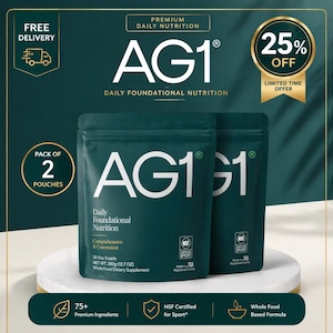 May include: Two dark teal pouches of AG1 Daily Foundational Nutrition. The packaging includes the AG1 logo, product details, and the text "75+ Premium Ingredients". The image also features a "25% OFF" limited time offer.