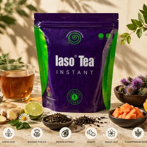 May include: A purple packet of Iaso Tea Instant with green detailing, a cup of tea, and ingredients such as ginger, papaya, and lime. The image includes text that reads "Provides a Gentle Detox". The tea is labeled as "Total Life Changes Herbal".