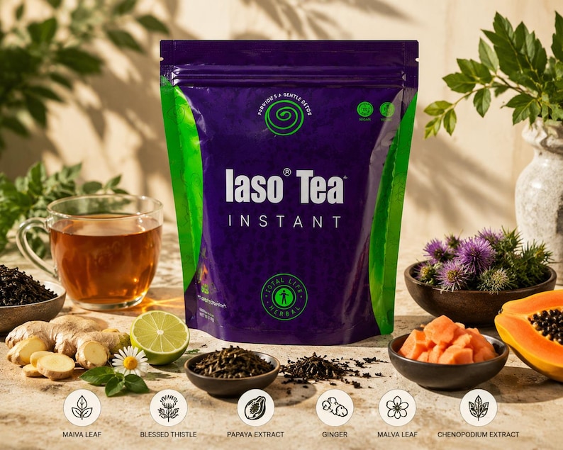 May include: A purple packet of Iaso Tea Instant with green detailing, a cup of tea, and ingredients such as ginger, papaya, and lime. The image includes text that reads "Provides a Gentle Detox". The tea is labeled as "Total Life Changes Herbal".