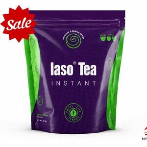 May include: A purple and green packet of Iaso Tea Instant. The packet features the words "Iaso Tea Instant" in white, with green swirls and icons. A red starburst with the word "Sale" is in the upper left corner. The packet contains 25 sachets, net weight 87.5g.