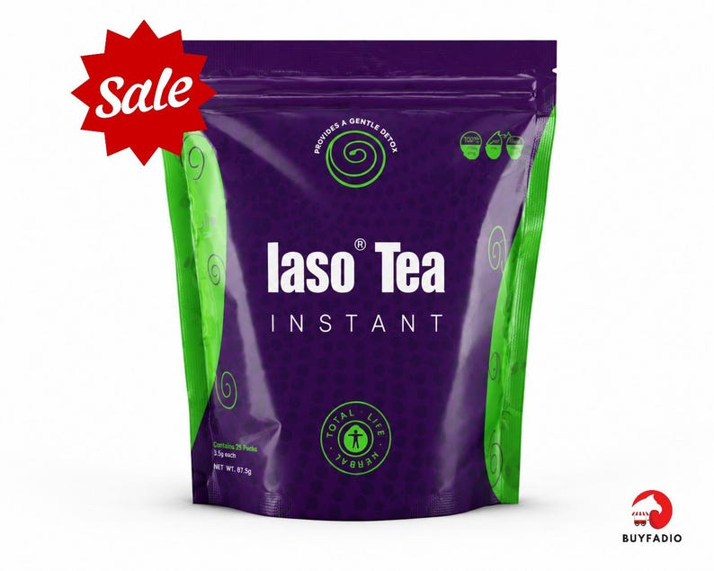 May include: A purple and green packet of Iaso Tea Instant. The packet features the words "Iaso Tea Instant" in white, with green swirls and icons. A red starburst with the word "Sale" is in the upper left corner. The packet contains 25 sachets, net weight 87.5g.