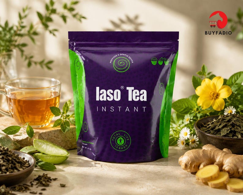 May include: A purple and green packet of Iaso Tea Instant is shown, with the product name clearly visible. The image includes a cup of tea, fresh ginger, and other tea ingredients, suggesting a health and wellness product.
