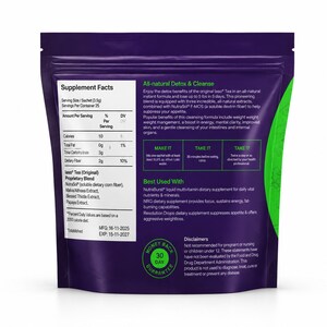 May include: A purple and green packet of Iaso Tea, a dietary supplement. The packet displays supplement facts, including calories and fibre content, and highlights the product's detox and cleansing benefits. It also lists ingredients and usage instructions.