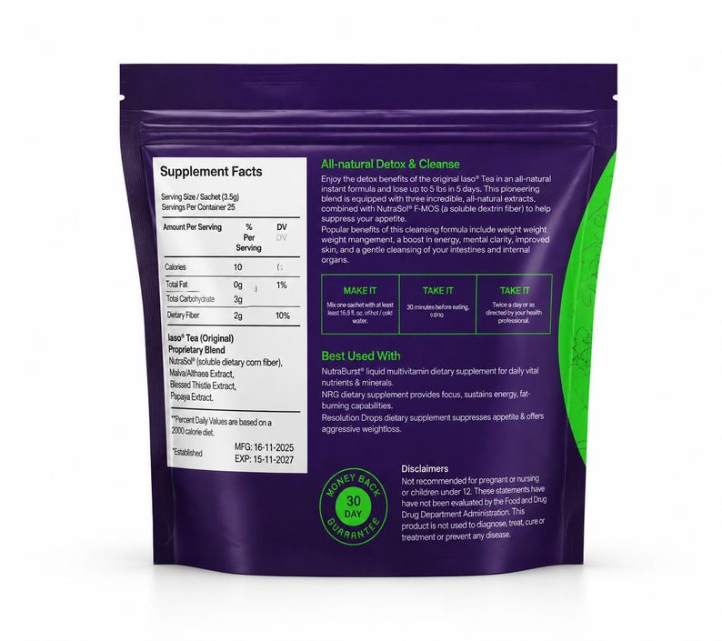 May include: A purple and green packet of Iaso Tea, a dietary supplement. The packet displays supplement facts, including calories and fibre content, and highlights the product's detox and cleansing benefits. It also lists ingredients and usage instructions.