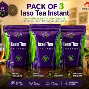 May include: Three purple pouches of Iaso Tea Instant are displayed, with green accents and white text. The packaging highlights the tea's all-natural detox and cleanse properties, supporting weight management and boosting energy. The image includes the text "Pack of 3".