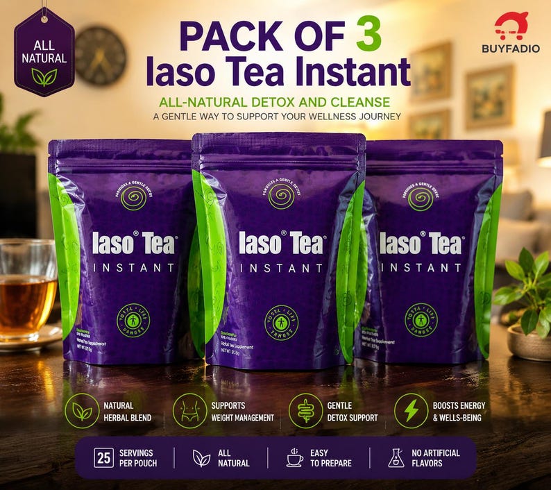 May include: Three purple pouches of Iaso Tea Instant are displayed, with green accents and white text. The packaging highlights the tea's all-natural detox and cleanse properties, supporting weight management and boosting energy. The image includes the text "Pack of 3".