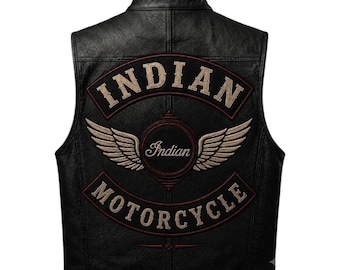Men's Black Cowhide Leather Indian Motorcycle Biker Vest Vintage Style Rider Apparel Embroidered Logos