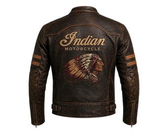 Chaqueta de moto Indian de piel de vacuno marrón envejecida con protección CE.