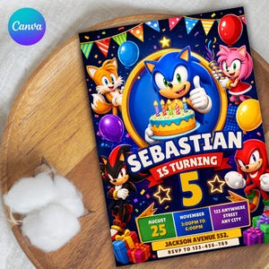 May include: A rectangular birthday invitation card featuring Sonic the Hedgehog, Tails, Amy Rose, Shadow, and Knuckles. The text reads SEBASTIAN IS TURNING 5, with party details including August 25, November, 3:00PM to 6:00PM, and 123 Anywhere Street.