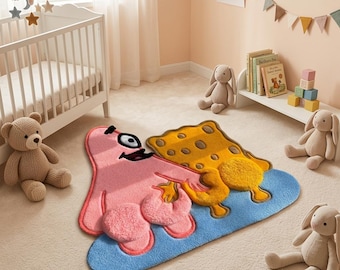 Tapis 3D fait main en laine touffetée Patrick et Bob l'éponge