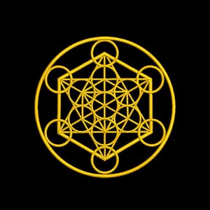 Könnte beinhalten: Ein goldenes Metatron-Würfel-Design auf schwarzem Hintergrund. Das geometrische Muster zeigt miteinander verbundene Kreise, Dreiecke und Linien, die ein symmetrisches und komplexes Design bilden. Das Design ist zentriert und hebt sich vom dunklen Hintergrund ab.