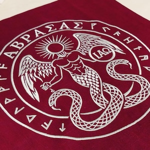 Broderad Abraxas altarduk i linne, gnostisk rituell textil, heligt överdrag i specialfärg