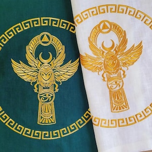 Mantel de altar de lino bordado egipcio: Isis, escarabajo, Ankh y Ojo de Horus – Mantel para rituales sagrados