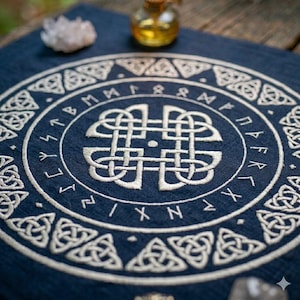 Peut inclure: Nappe d'autel bleu marine avec un motif brodé blanc représentant des runes et des nœuds celtiques. Le motif circulaire présente un motif de nœud central entouré d'un anneau de runes. Une petite bouteille en verre et un cristal sont en arrière-plan.