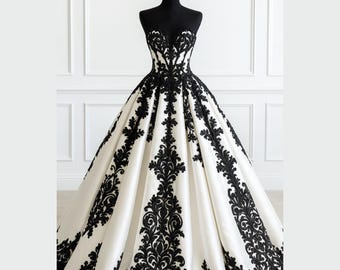 Black and White Wedding Satin Ball Gown – Hand Embroidered Strapless Quinceañera Gothic Dress