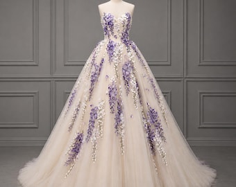 Robe de mariée en tulle à broderies florales, Robe de mariée robe de bal à fleurs de lavande, Robe de mariée bustier corset, Robe de mariée de jardin