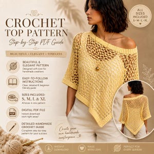 Può includere: Una guida digitale in PDF per un modello di top all'uncinetto che mostra un top giallo a maglia aperta con scollo ampio e maniche corte. Il testo include CROCHET TOP PATTERN, Step-by-Step PDF Guide e le taglie S, M, L, XL.