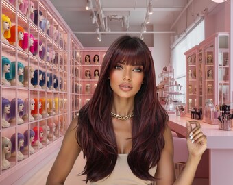 Lange rote Perücke mit Pony, 24-Zoll-hitzebeständige Kunstfaser-Perücke