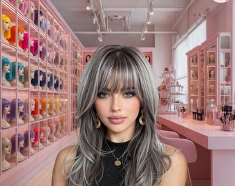 Peluca rizada plateada con efecto degradado y flequillo / Cabello con degradado gris suave / Peluca elegante para el día a día