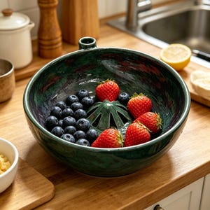 Op de afbeelding: Donkergroene keramische juicerkom gevuld met blauwe bessen en aardbeien. De kom heeft een ingebouwde juicer en een handvat. De kom staat op een houten aanrecht in een keuken. De diameter is ongeveer 25 cm.