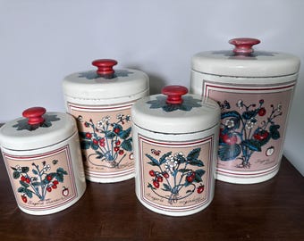 Bristol Ware Strawberry Botanical Tin Cannisters, Set of 4