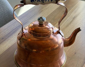 Vintage Copper Tea Kettle | Old Dutch International | ODI | Goose Neck | Blue White Porcelain Handle