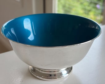 Vintage MCM versilberte Schale auf Sockel, aquamarinblaue Emaille-Innenseite - Reed and Barton 102