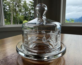 Princess House Heritage Single Serve Butter Dish with Domed  Lid & Etched Floral Design