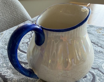 Vintage Lusterware Creamer Made in Czechoslovakia Iridescent with Blue Trim