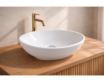 Oval Ceramic Vessel Sink, Glossy White Above Counter Vanity Wash Basin (16.5x13.3)