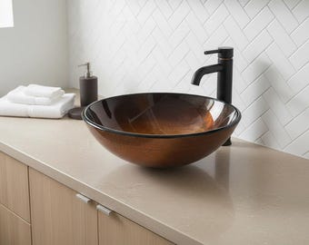 Bathroom Vessel Sink 16.5" Round Copper Brown Glass Sink, Modern Vanity Wash Basin, Above Counter Vessel Sink, Rustic Bathroom Sink Bowl