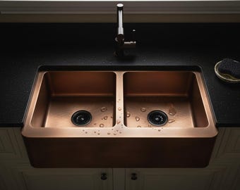 Copper Kitchen Sink 35" Farmhouse Sink Double Basin 50/50 Apron Front Solid Copper Sink Undermount Rustic Modern Kitchen Sink Bowl Vanity