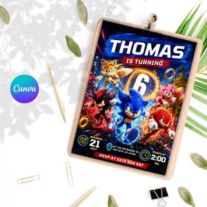 May include: A rectangular birthday invitation card featuring Sonic the Hedgehog characters including Tails, Shadow, and Knuckles. The text reads Thomas is turning 6, Saturday 21 July, at 123 Anywhere St, Any City, ST 12345, starts at 2:00 PM, RSVP at 0215 568 587.
