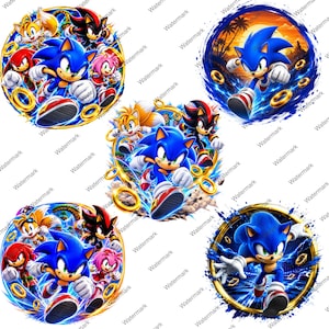 May include: Five circular graphic designs featuring Sonic the Hedgehog characters including Tails, Knuckles, Shadow, and Amy Rose. The illustrations show the characters in dynamic running poses surrounded by golden rings and blue energy effects.