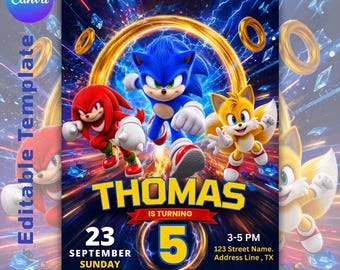 Sonic 3 Birthday Invitation Editable, Sonic Birthday Invitation, Sonic The Hedgehog Party Invite, Editable Template(Digital Download)