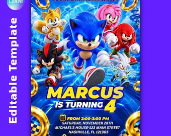 Sonic 3 Birthday Invitation, Sonic Birthday Card, Sonic Invitation, Sonic The Hedgehog Party Invite, Editable, Instant Download