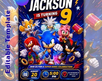 Sonic invitation, Sonic party invite, Sonic Editable Invitation, Digital download, Birthday Invitation,  Sonic birthday invite