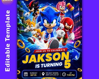 Sonic 3 Birthday Invitation Editable,Sonic Birthday Invitation,Sonic The Hedgehog Party Invite,Sonic Party(Digital Download)