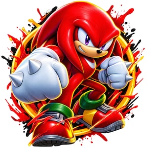 May include: A vibrant graphic illustration of the character Knuckles the Echidna, featuring bright red fur, large white gloves with spiked knuckles, and green and yellow boots, positioned in front of a golden ring with red and black paint splatters.