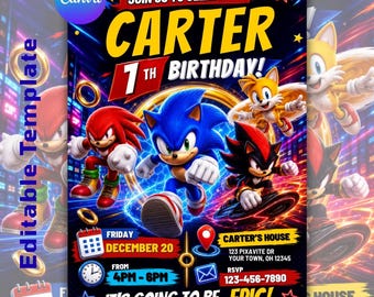 sonic birthday,sonic birthday invitation,sonic invitation,sonic party,editable canva template
