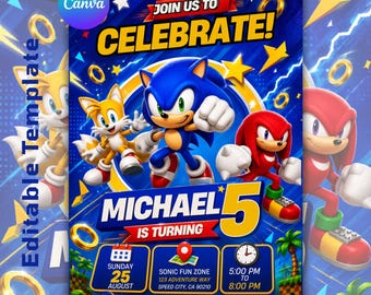 sonic birthday invitation,sonic party invite,invitation template,sonic birthday,editable canva template
