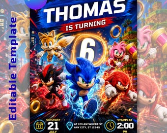 sonic invitation, sonic party invite, editable invitation, digital download, birthday invitation, instant download, sonic birthday invite