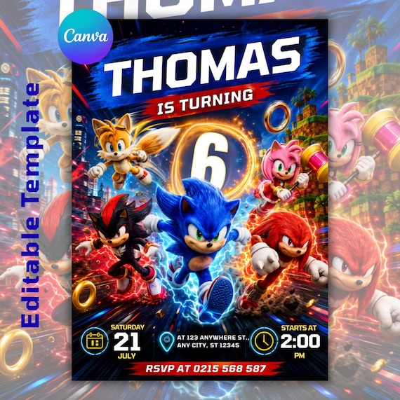 sonic invitation, sonic party invite, editable invitation, digital download, birthday invitation, instant download, sonic birthday invite